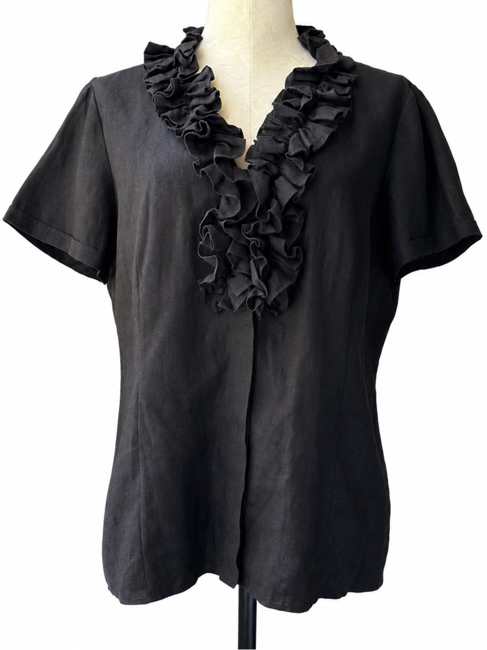 Lafayette 148 New York Black 100% Linen Ruffle Front Blouse Size 12